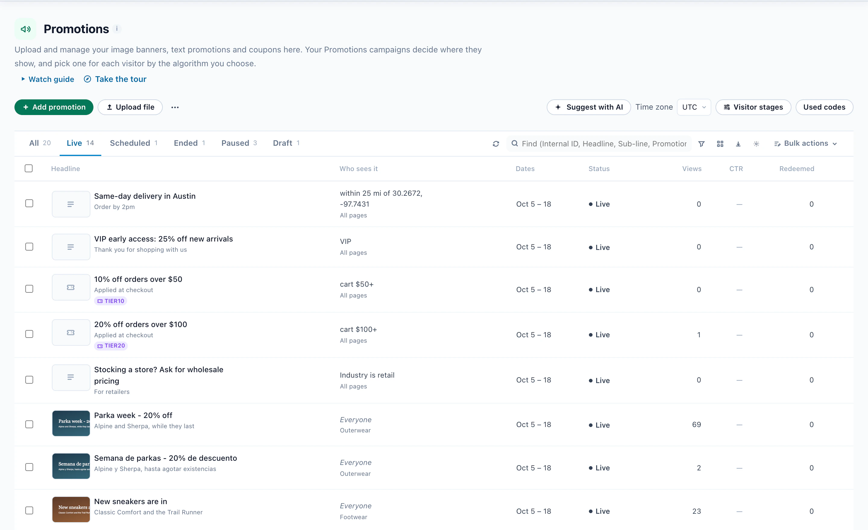 The Promotions list: live promotions with who sees each one, their dates, status and views
