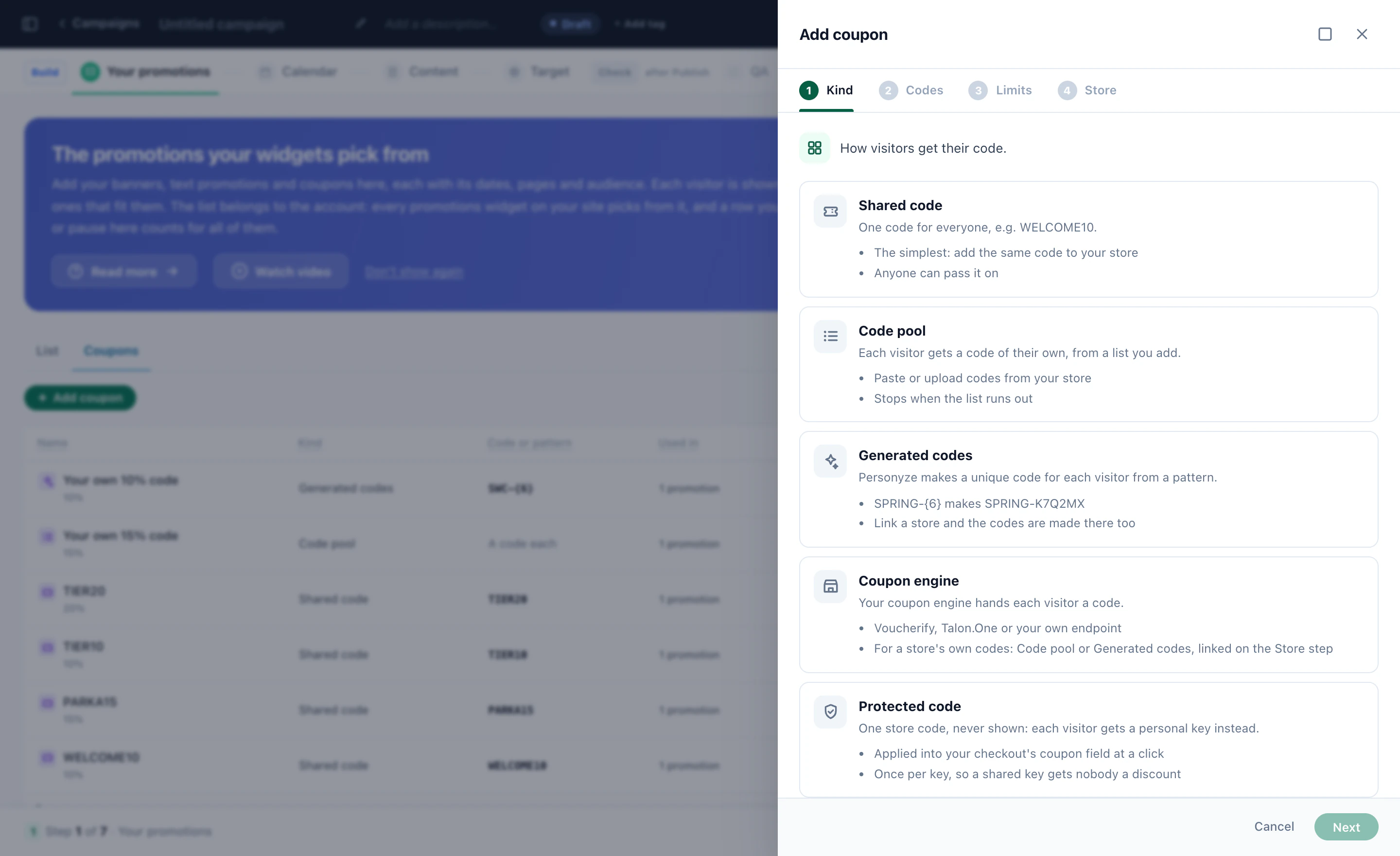 Adding a coupon: shared code, code pool, generated codes, coupon engine or protected code