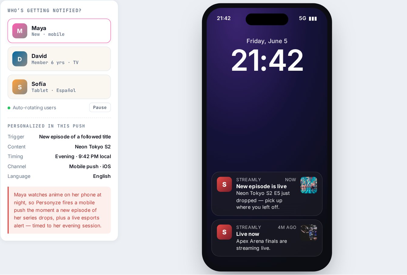 Interactieve demo van personalisatie van pushmeldingen met een vergrendelscherm dat elke gebruiker een andere, perfect getimede melding toont