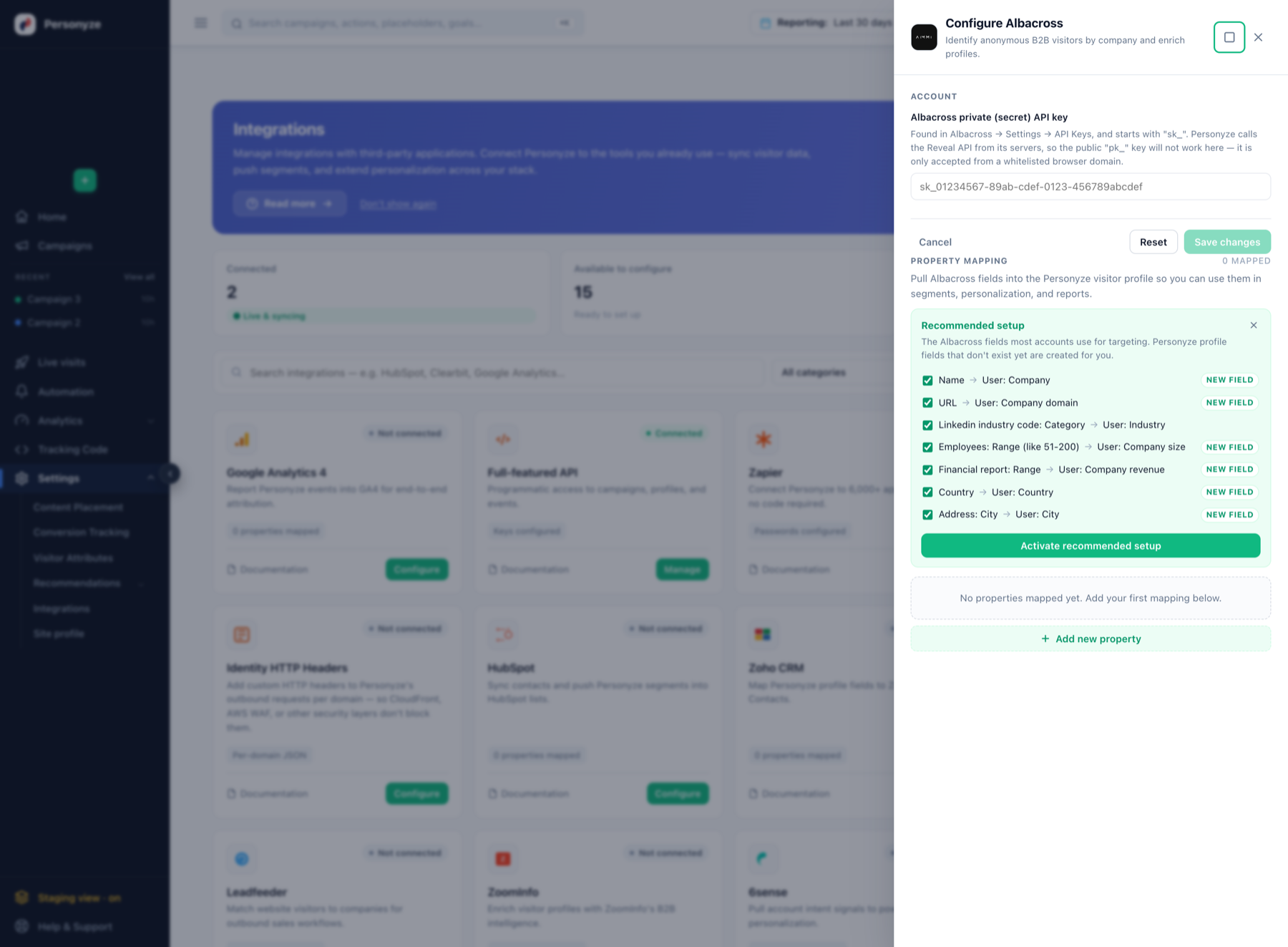 The Personyze Configure Albacross drawer with the private sk_ API key field and recommended firmographic property mappings