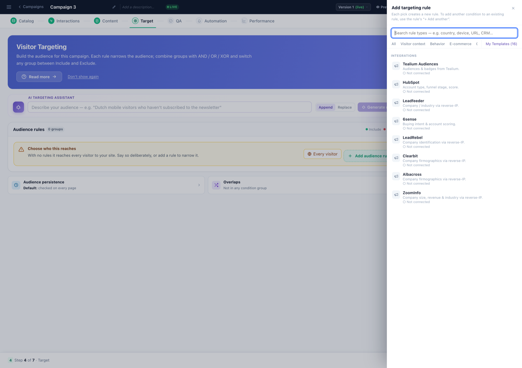 The Integrations tab of the Personyze targeting rule picker showing Albacross listed as company firmographics via reverse-IP