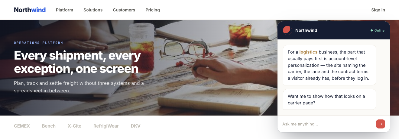 pzscenegreetingv2 Personyze A B2B site where the assistant opens on the visitor’s own industry