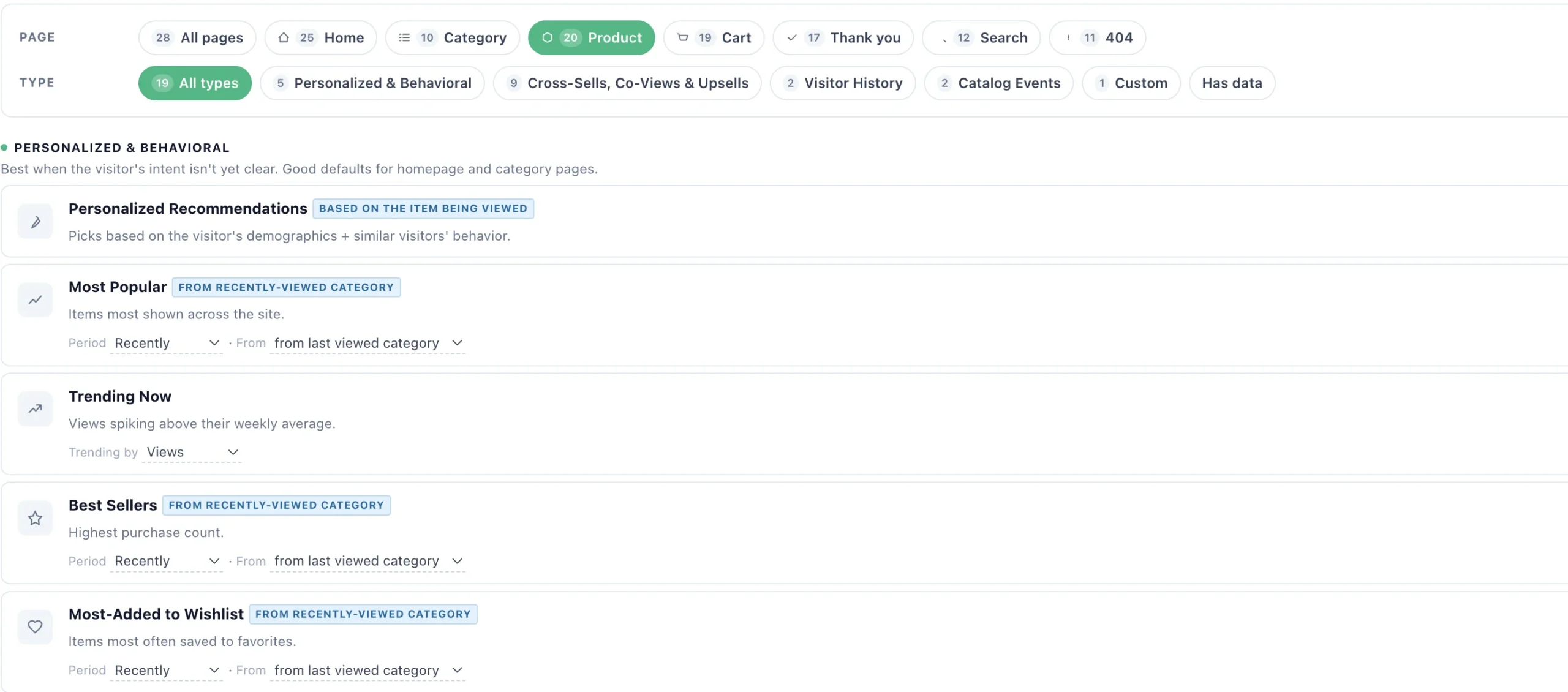 recomalgorithms Personyze The recommendation algorithm picker in Personyze page choice algorithm types and algorithms such as personalized recommendations most popular trending now and best sellers