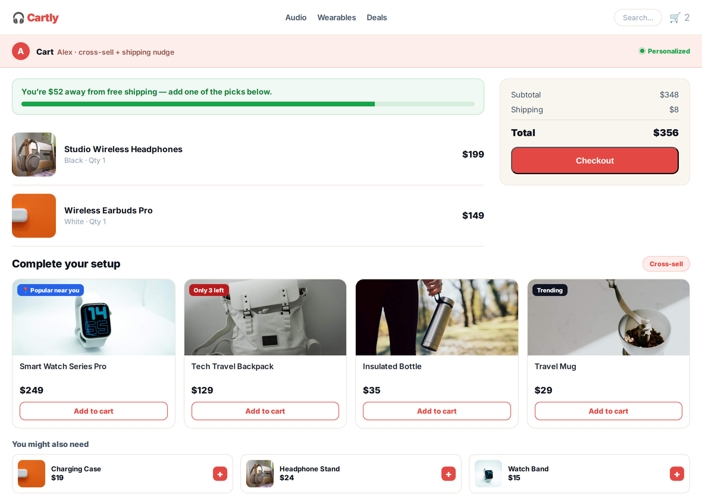 recommendationexamplecartpage Personyze 送料無料への後押し、セットアップを完成させるクロスセル、低価格な追加商品があるカートページ