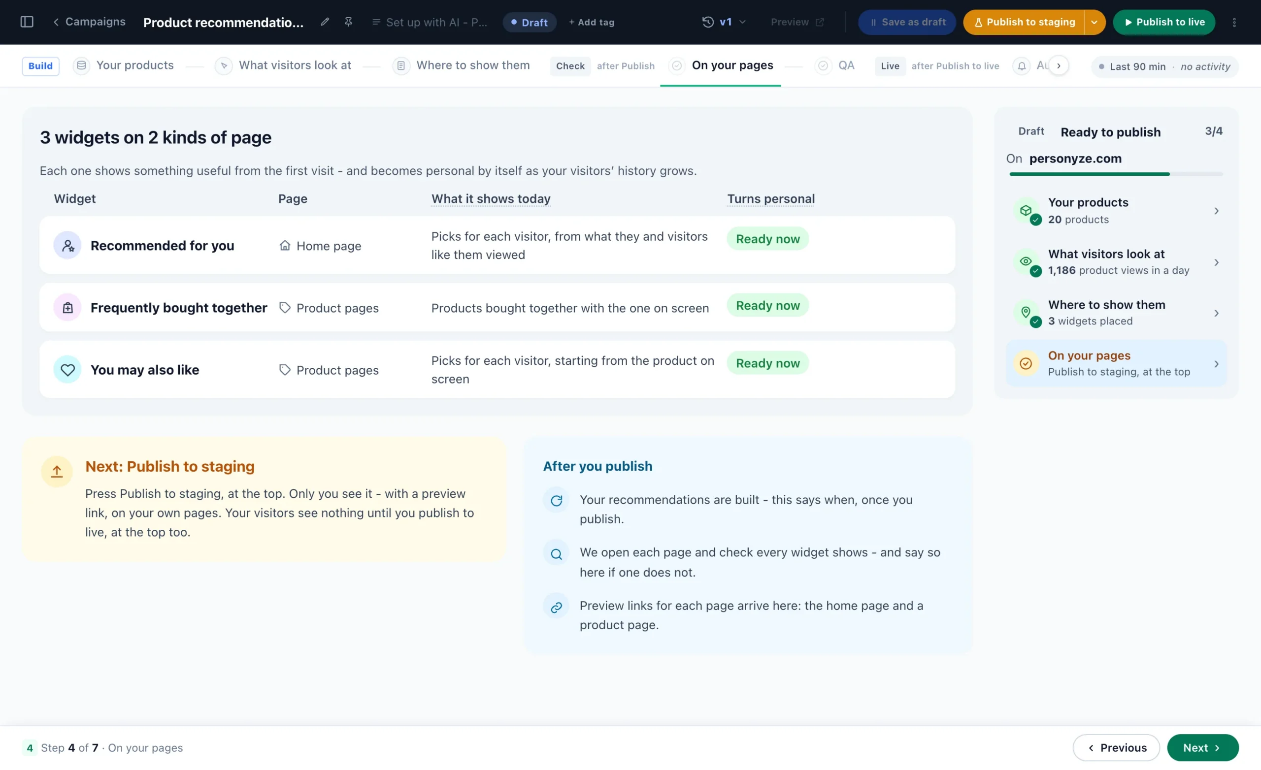 Product recommendations set up with AI, On your pages: the three widgets, the page each goes on and what each shows today, before publishing to staging