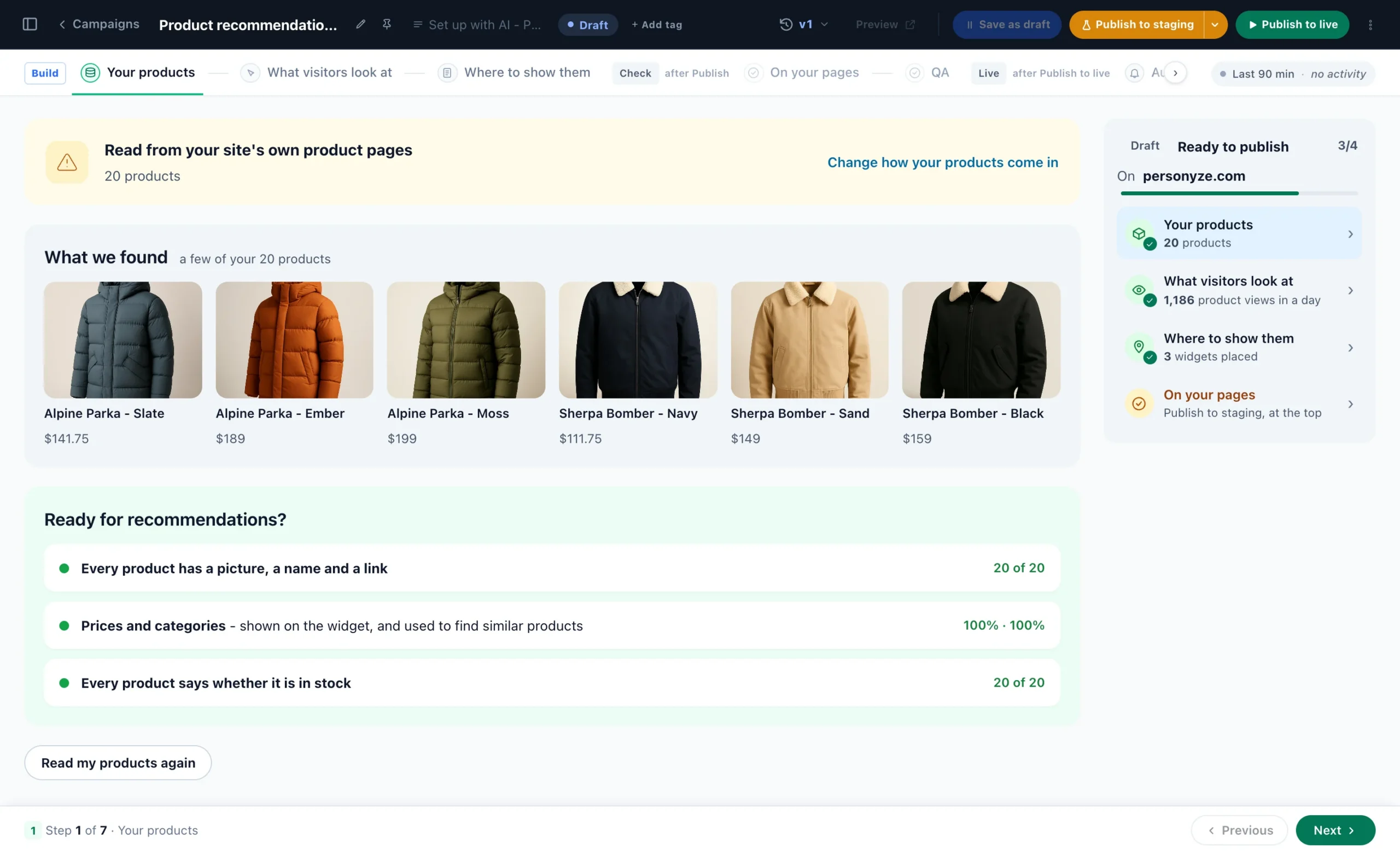 Product recommendations set up with AI, Your products: the store's 20 products found on its own pages, with pictures, names and prices, and the catalog checked for recommendations