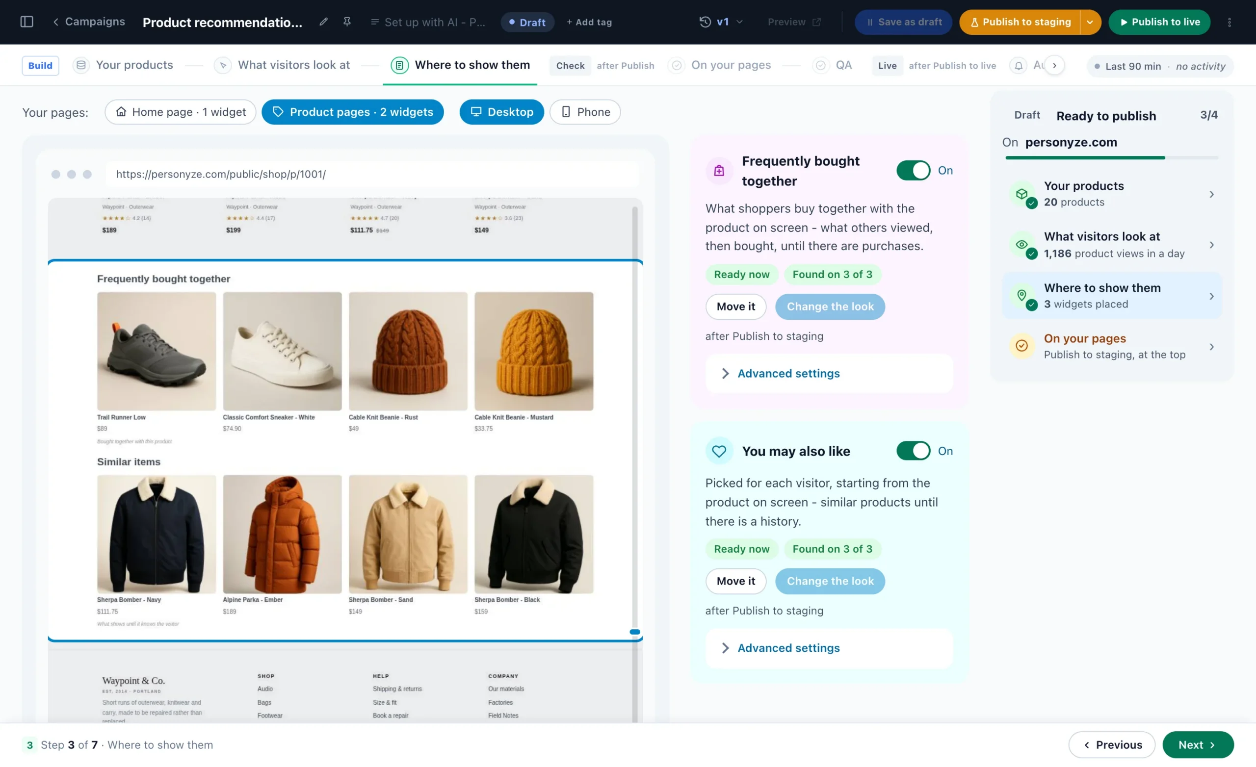 Product recommendations set up with AI, Where to show them: Frequently bought together and You may also like drawn in their spot on a picture of the store's own product page