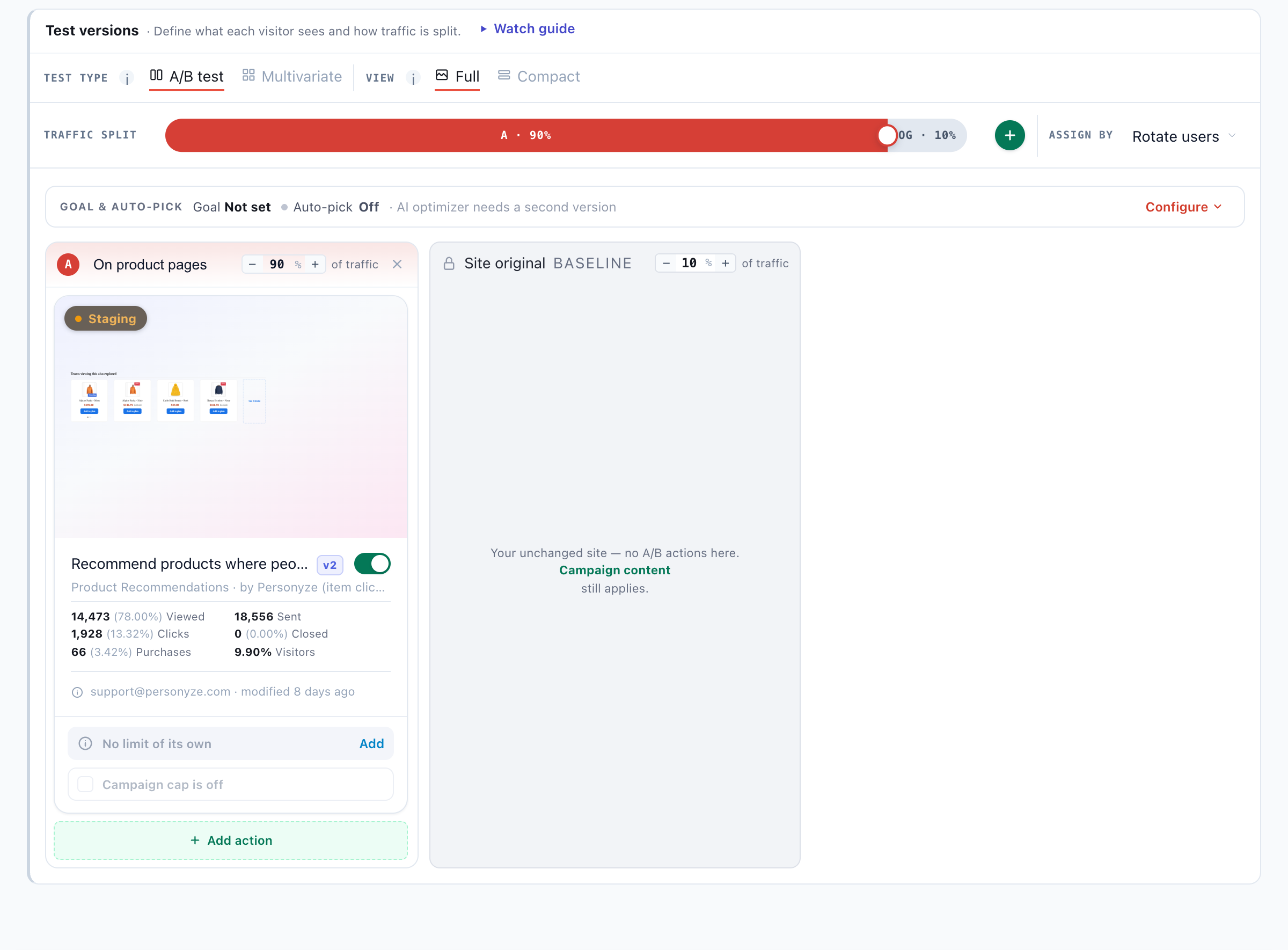 The A/B test: 90% of traffic sees the recommendations on product pages, 10% sees the site original as the baseline, with views, clicks and purchases for the widget