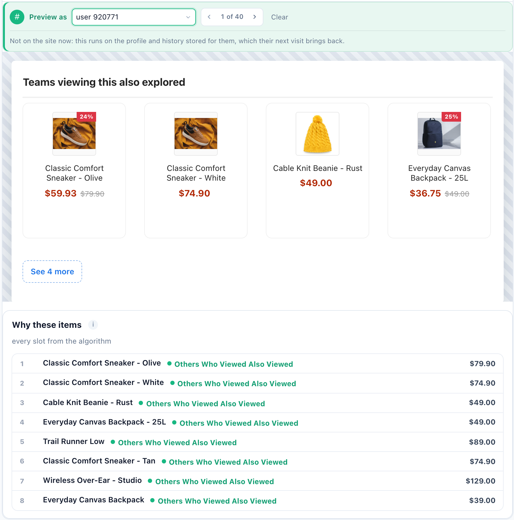 Preview as one shopper: the widget with the eight products this person would get, and Why these items listing each one with the algorithm that picked it