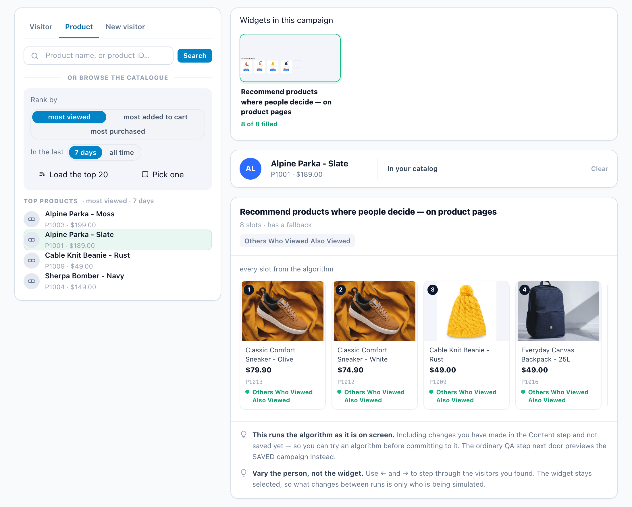 The Recommendation Simulator: one product picked from the catalog, Alpine Parka - Slate, and the eight products the widget recommends beside it, every slot from the algorithm