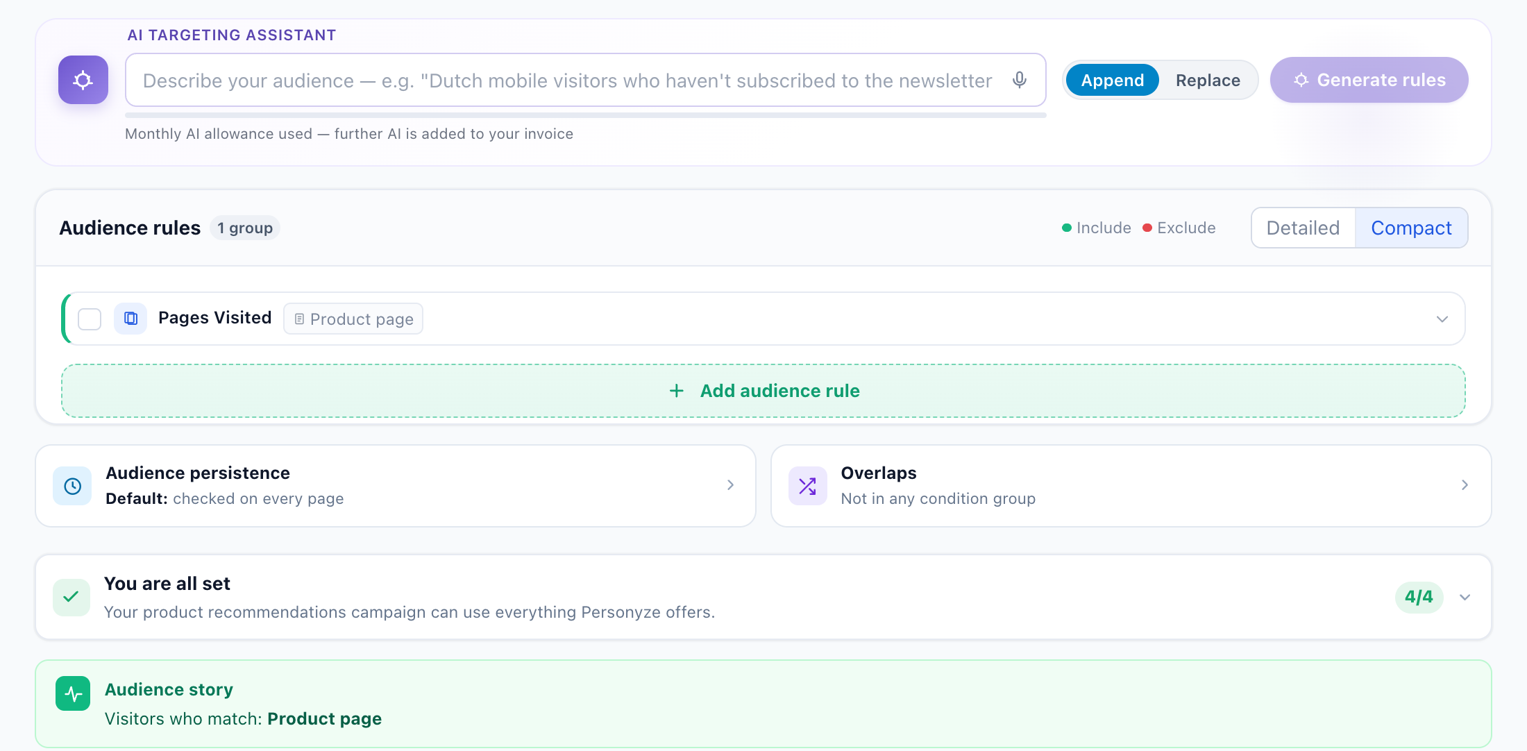 The Target step: one rule, Pages Visited is a product page, with the AI targeting assistant above it and the audience story below: visitors who match product page