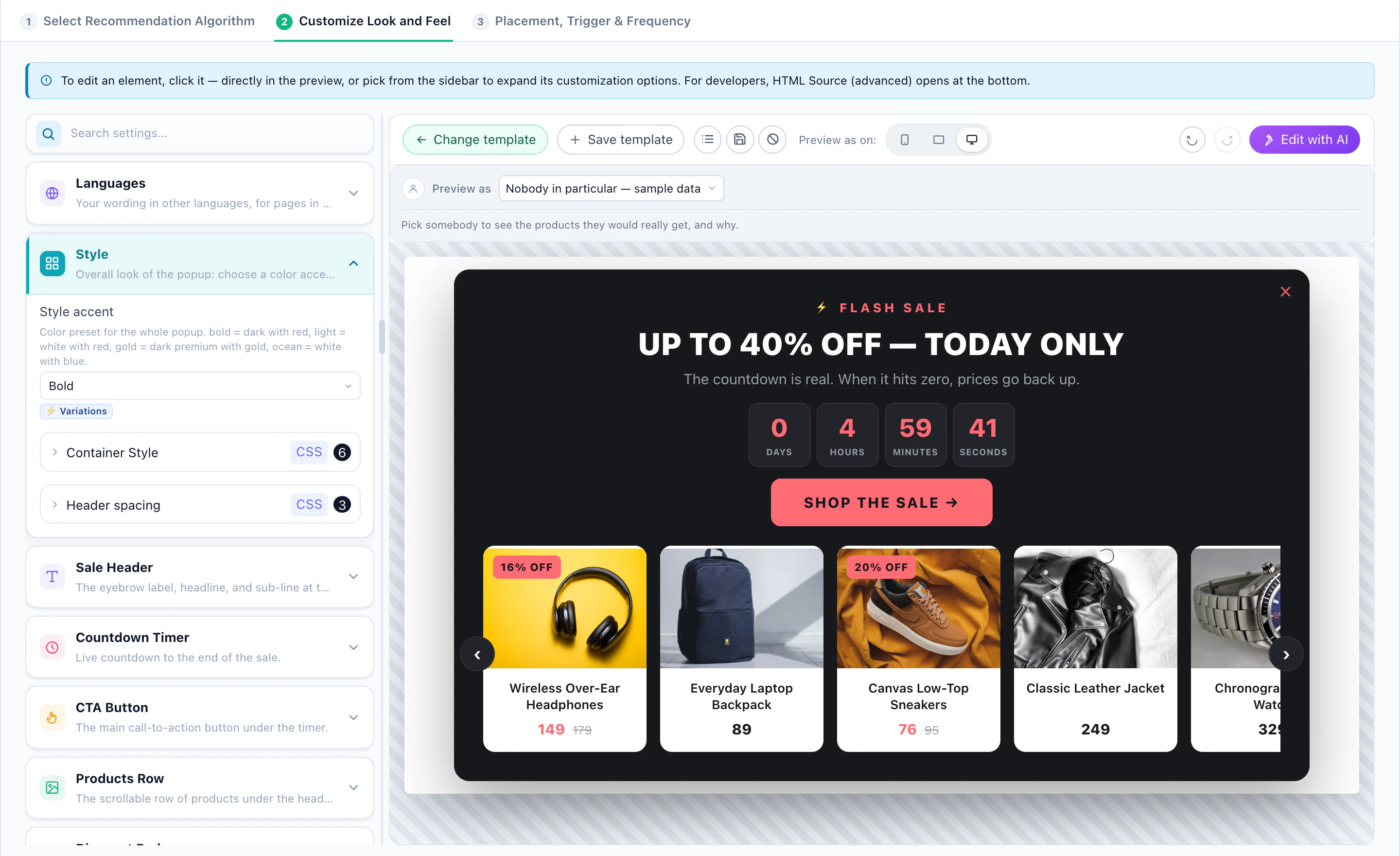 The Flash Sale Countdown template: a pop-up with a timer, a Shop the sale button and the products