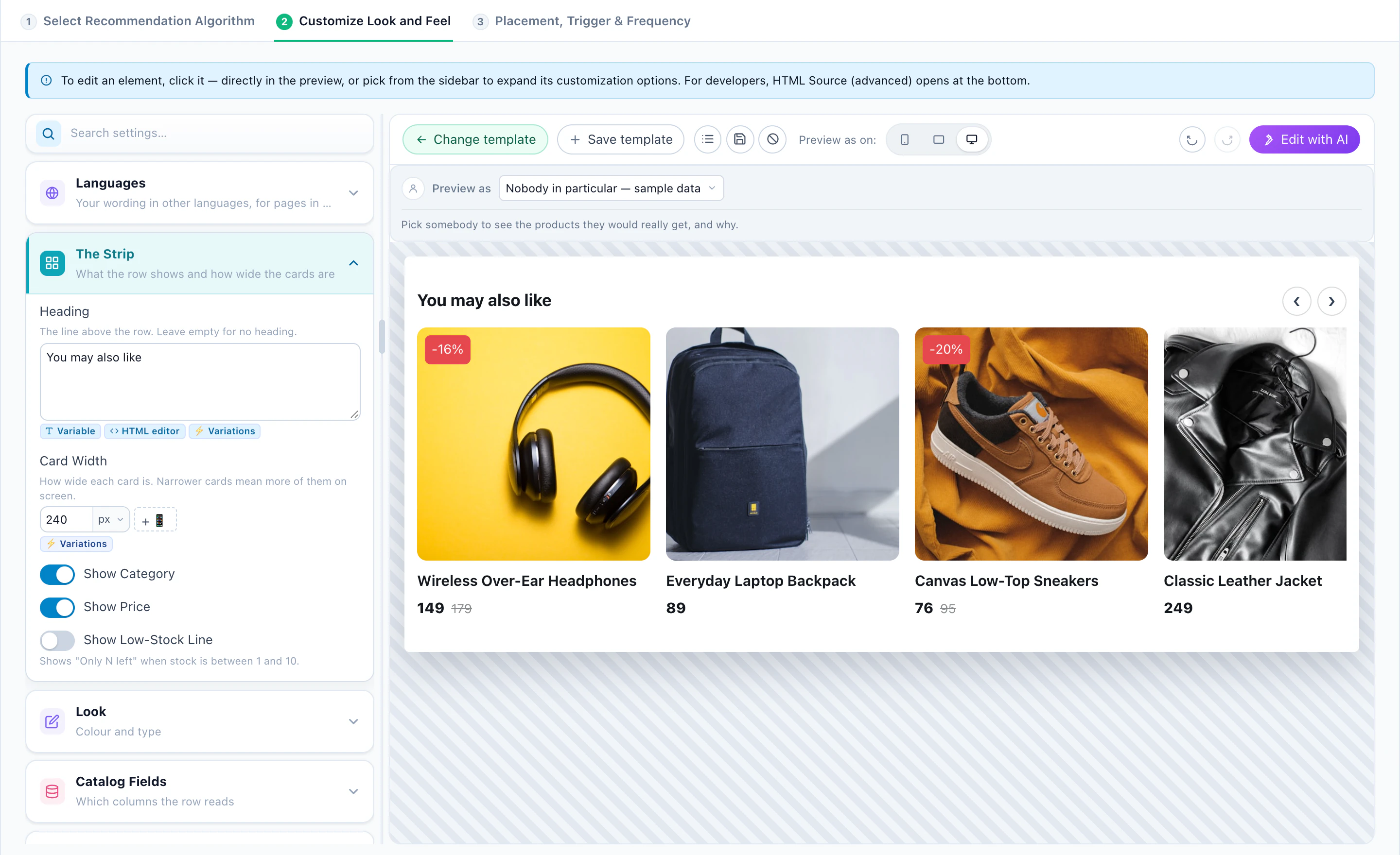 The Product Carousel template: a swipeable strip with discount flags