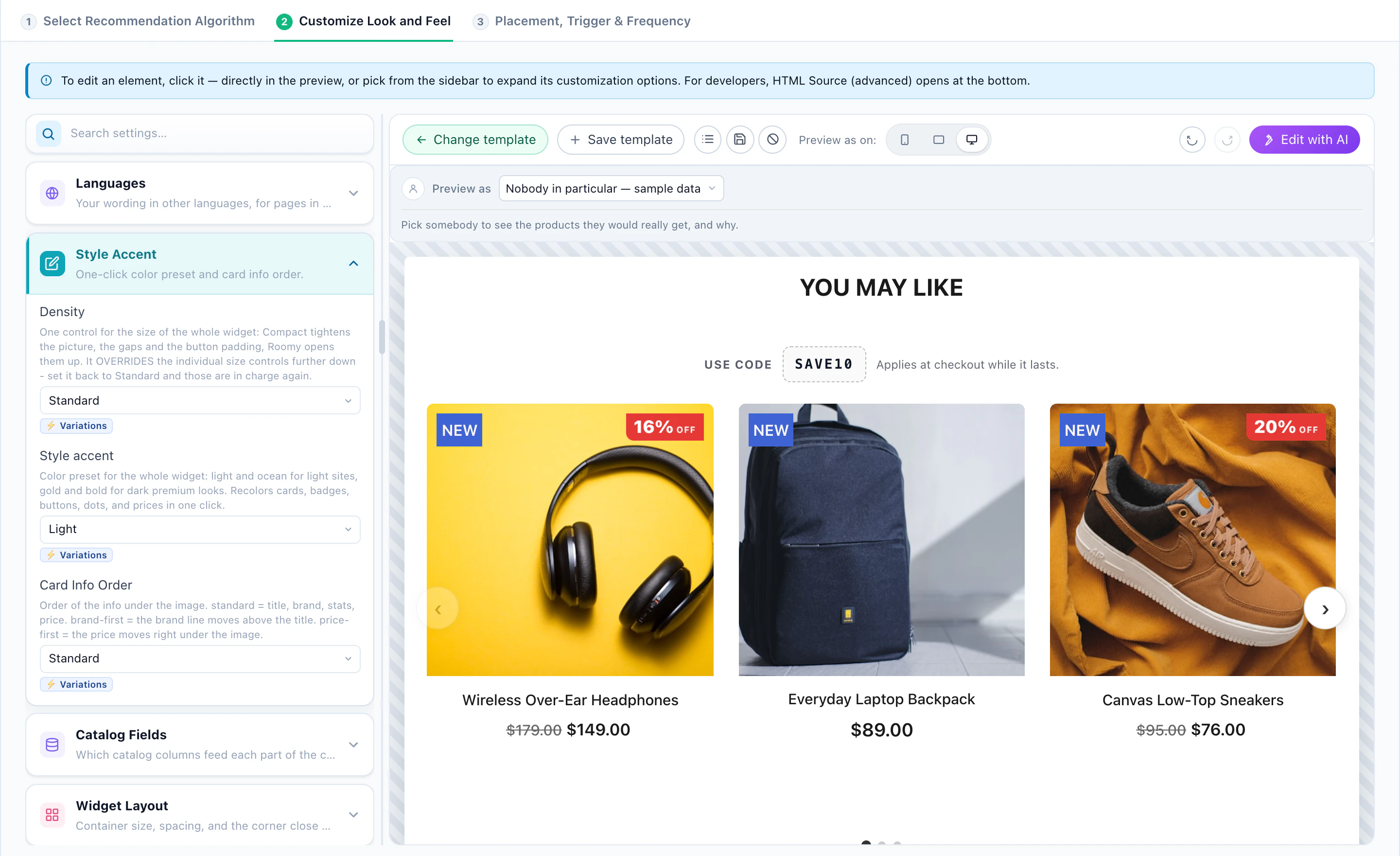 The Add-On Offer template: a coupon code above the recommended products