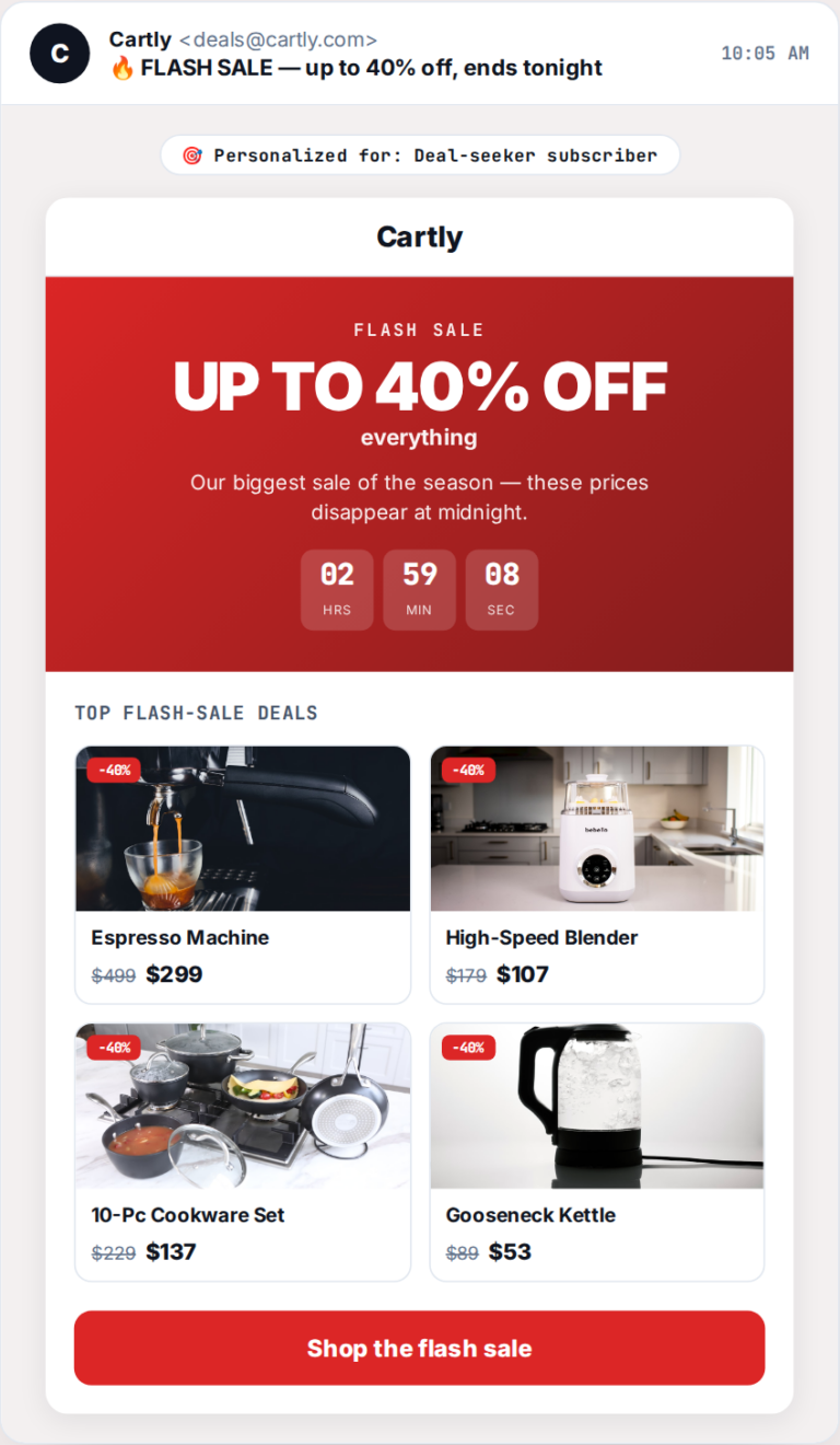 Sale and promotion email personalization example showing one campaign that tailors the offer, products, and urgency per recipient