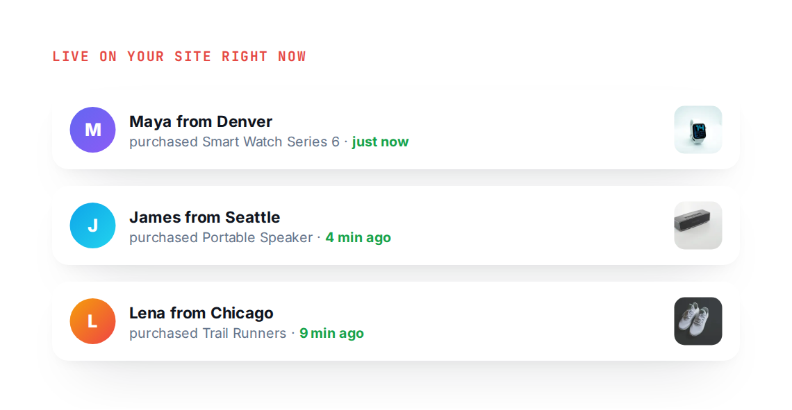 socialproofliveactivity Personyze Recent purchases shown as a live activity feed — one of several social-proof formats you can run.