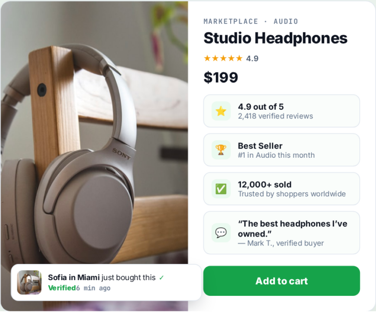 Social proof personalization example showing a product page that adapts its ratings, scarcity, and local proof per shopper