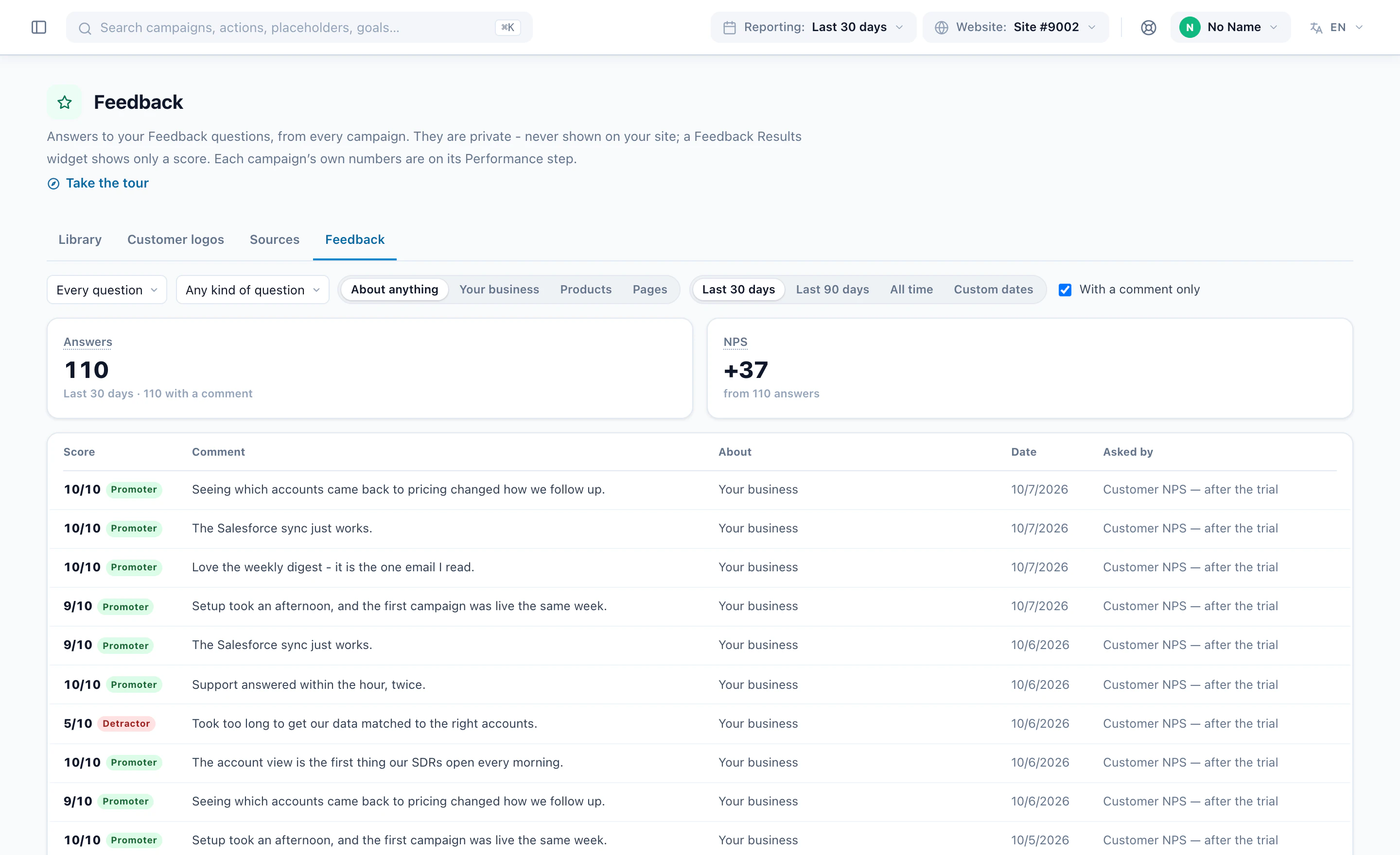 Every feedback answer with its score and comment, across campaigns, filtered to those with a comment