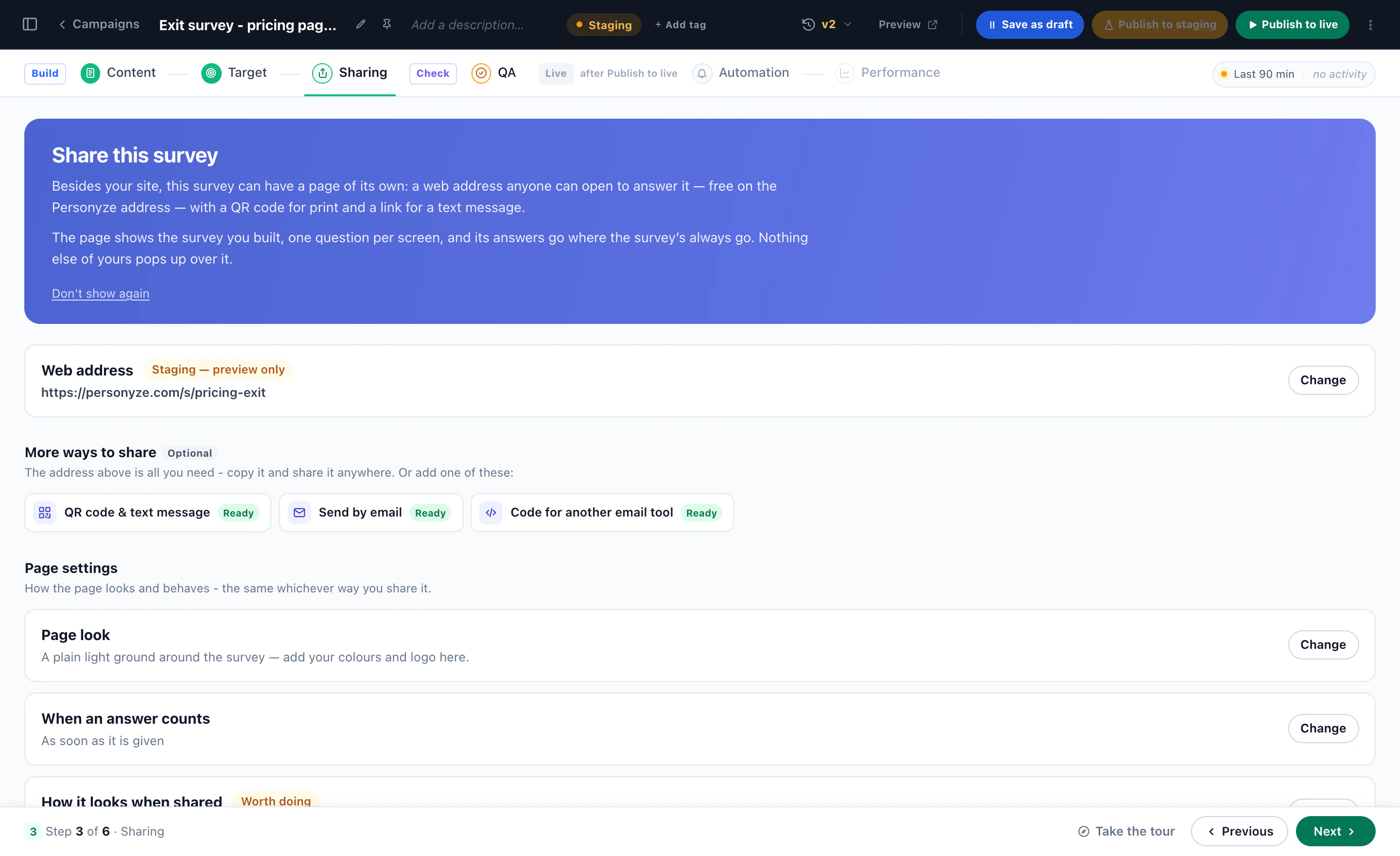 A survey on a page of its own: its web address, a QR code and text-message link, an email, and code for another email tool