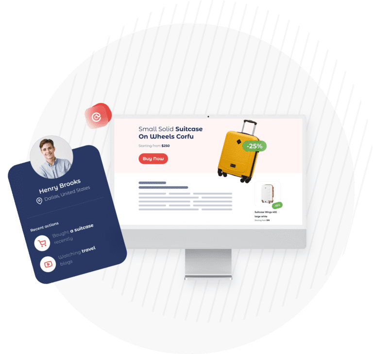 Illustration of a targeted promotion and page header for suitcases, shown to a person who recently showed interest in travel and suitcases.