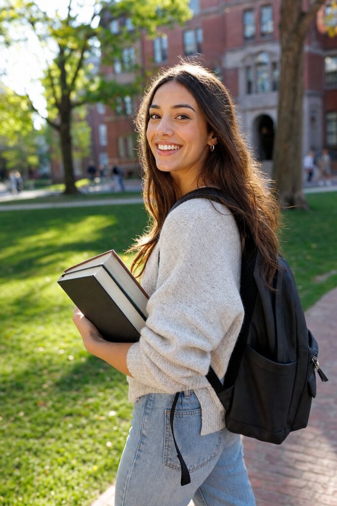 Eine Studentin mit Büchern auf einem sonnigen Campus