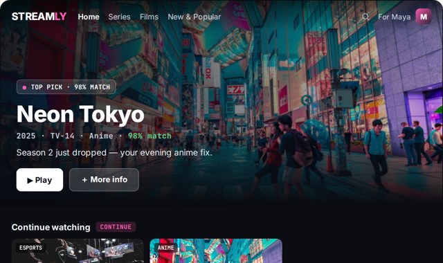 Interactieve demo van streamingpersonalisatie met een homepage die haar uitgelichte titel en aanbevelingsrijen per kijker herschikt