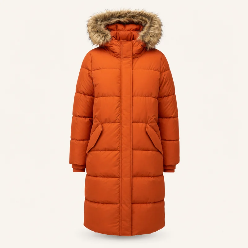Ein orangefarbener Daunenparka