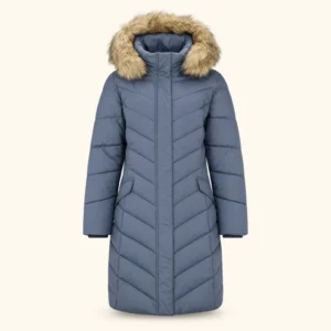 Langer schieferblauer Daunenparka mit Kapuze