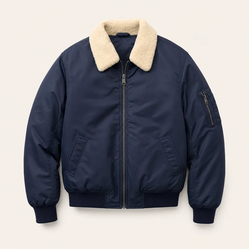 Eine navyblaue Sherpa-Bomberjacke