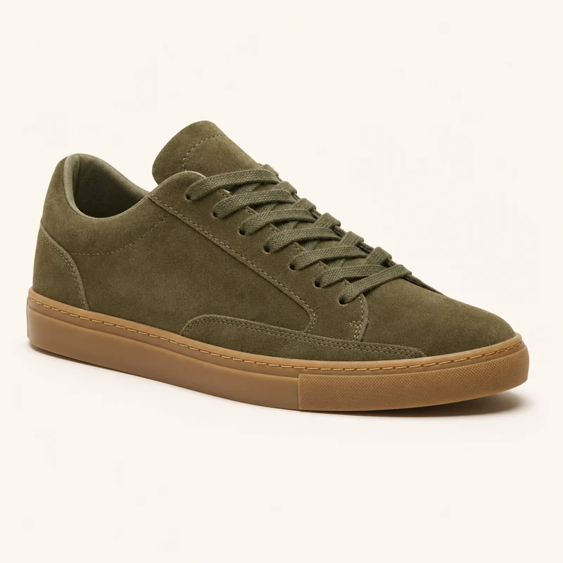 Ein olivgrüner Wildleder-Sneaker