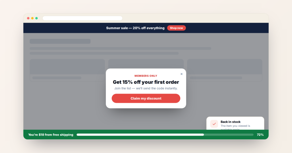 A website showing several popup formats at once: an announcement bar, a center modal, a corner toast, and a free-shipping status bar