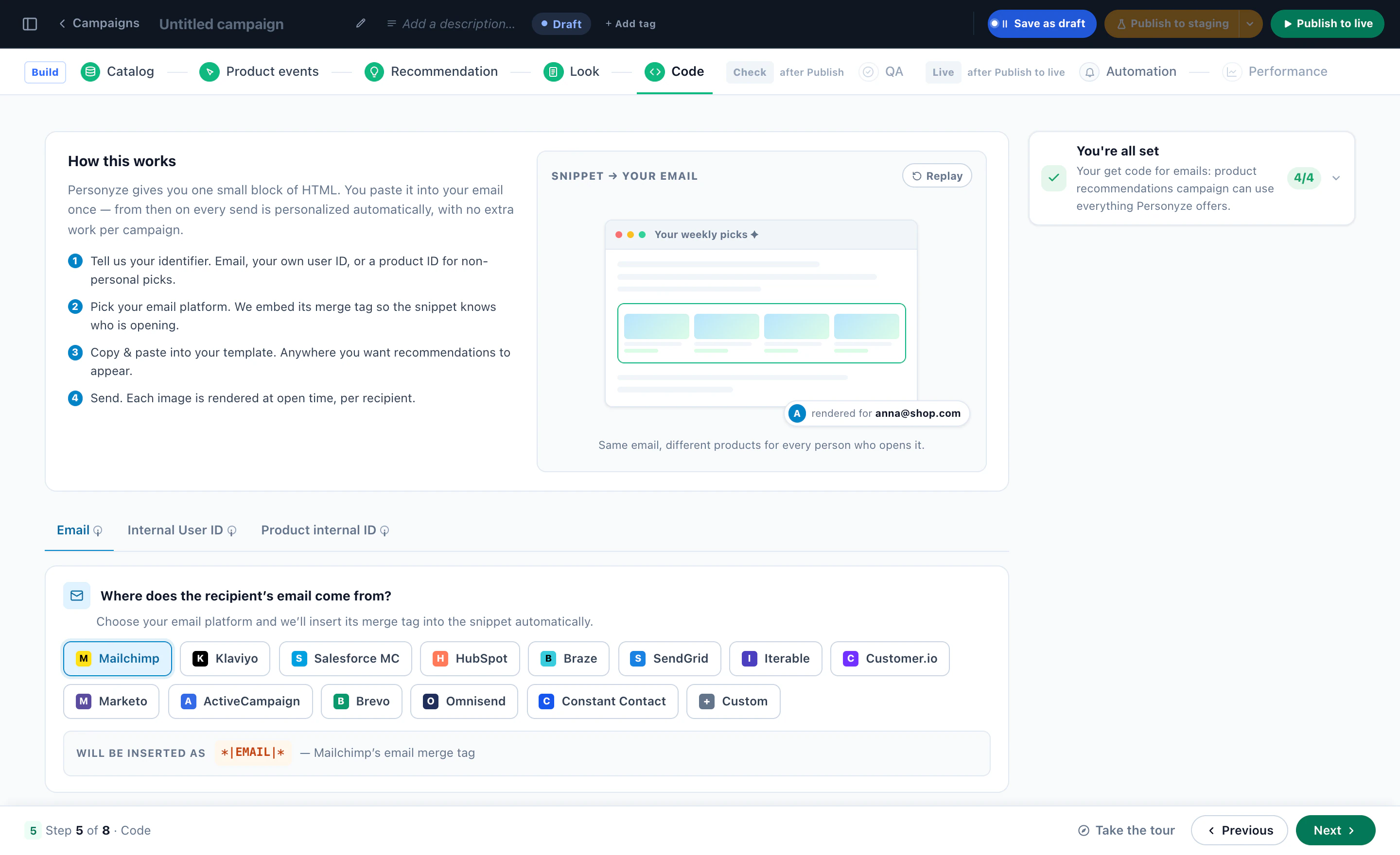 Product recommendations for emails: one snippet for any email platform, and the same email showing different products to every person who opens it
